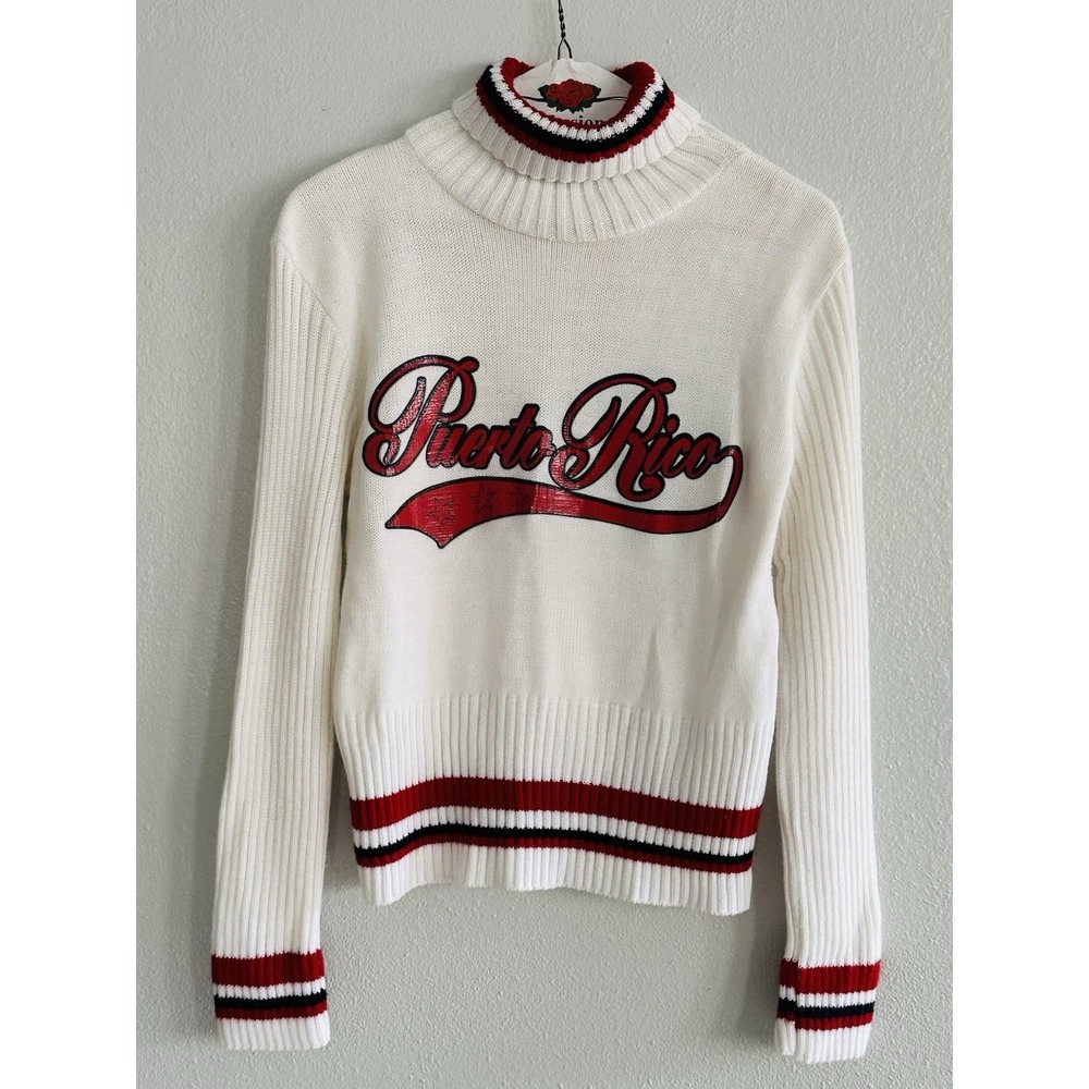 Vintage PUERTO RICO Spellout Sweater White Red Y2K Women's Large by Rave